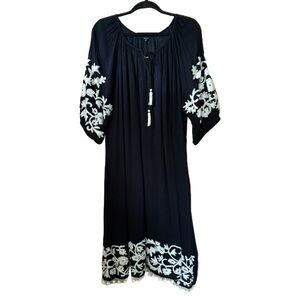 Natura Black with White Embroidered Semi Sheer Cotton Gauze Dress Size XXL